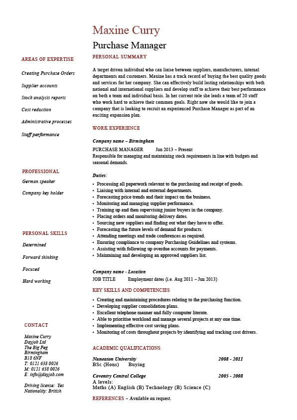 Sample Cv Purchase Manager Procurement Manager CV Example