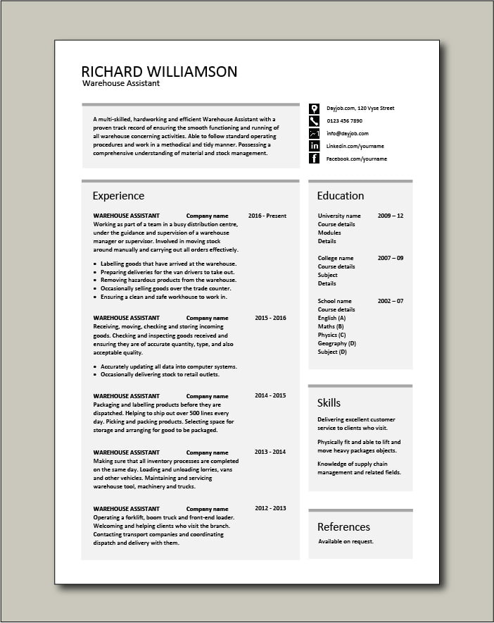Free Warehouse Assistant CV template 1