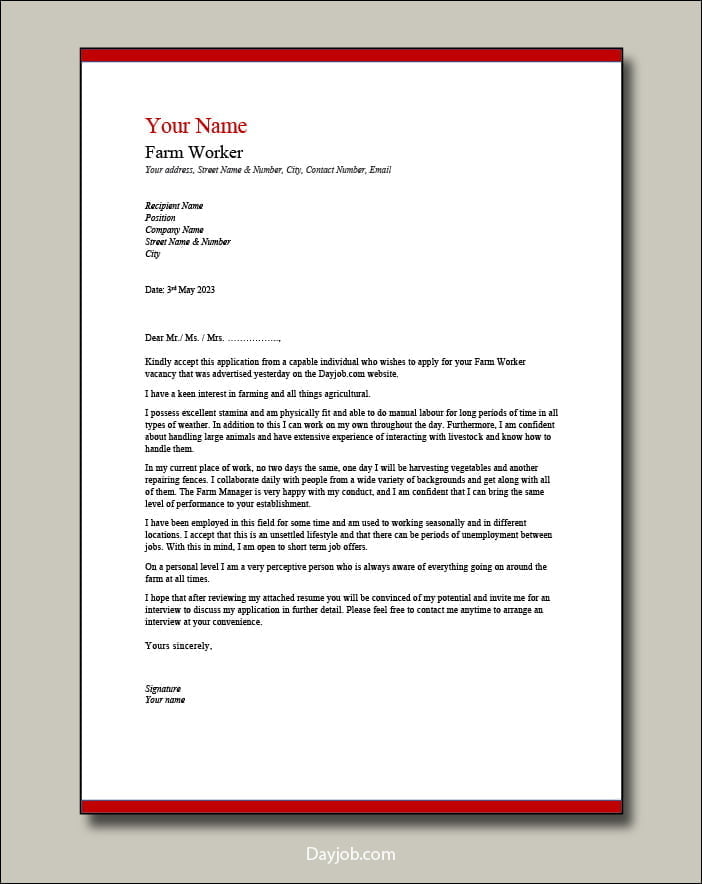 Farm Worker Cover Letter Example 1 Dairy Poultry Farm Hand No 